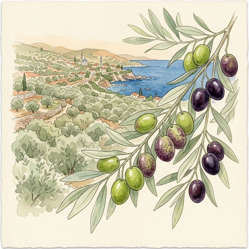 Kuşadası zeytinlikleri ve zeytin dalı çizimi